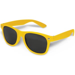 A pair of yellow sunglasses with dark lenses, featuring a logo on the side.