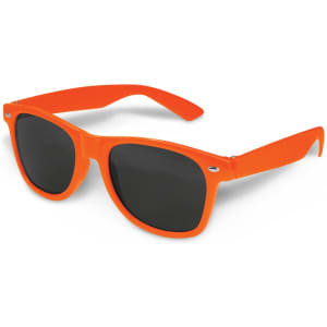 Orange sunglasses with dark lenses and a sleek design, featuring a logo on the arm.