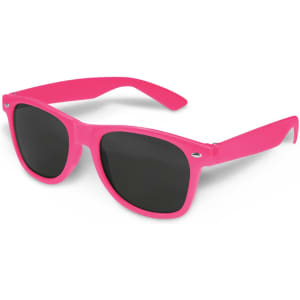 Pink sunglasses with dark lenses, featuring a logo on the side.