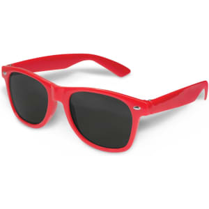 A pair of red sunglasses with dark lenses and a glossy finish, featuring a logo on the side.