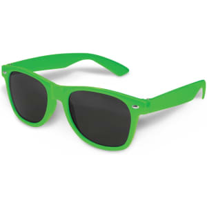 Green sunglasses with dark lenses and a plastic frame, featuring a logo on the side.