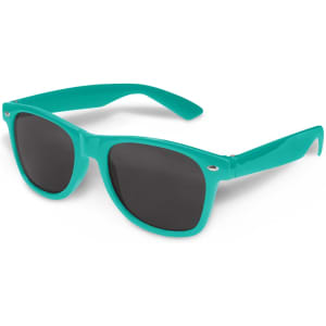 A pair of turquoise sunglasses with dark lenses and a simple design, featuring a logo on the frame.