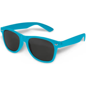 A pair of turquoise sunglasses with black lenses, featuring a logo on the frame.