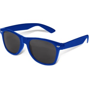 A pair of blue sunglasses with dark lenses and a branded logo on the side.