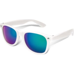 Malibu Premium Sunglasses with a mirrored lens and white frames, featuring vibrant blue and purple reflections.