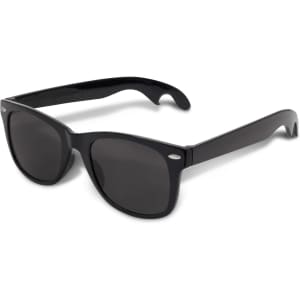 A pair of black sunglasses with dark lenses, featuring a logo on the side.
