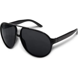 Aviator sunglasses with a sleek black frame and dark tinted lenses.