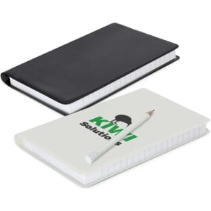 A black and a white notebook with a simple design and a pencil beside them. Each notebook has a logo.
