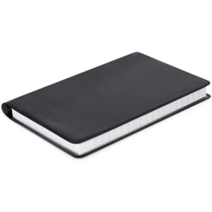 A black notebook with a smooth cover and lined pages, designed for office and business use.