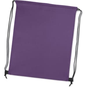 A purple drawstring backpack with black cords for closure and a logo on one side.