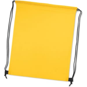 A yellow drawstring backpack with black cords, featuring a simple design. It has a branding logo.