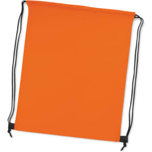 An orange drawstring backpack with black cords and no visible branding or text.
