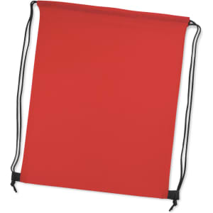 A red drawstring backpack with black cords and no visible logos or branding.