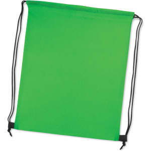 A green drawstring backpack with black cords, featuring a simple design and a logo.