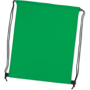 A green drawstring backpack with black cords, featuring a simple design and a logo or branding.