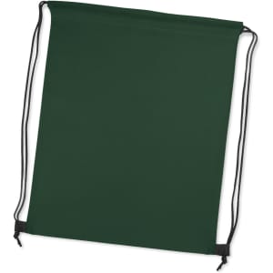 A green drawstring backpack with black accents and a simple design. It includes a logo on one side.