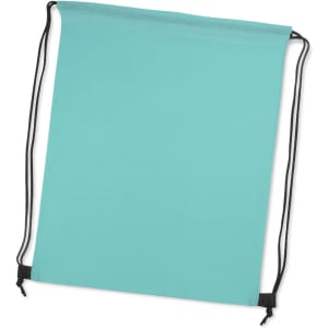 A turquoise drawstring backpack with black cords and a simple design. It features a logo.