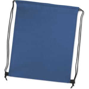 A blue drawstring backpack with black cords and a simple design. It features a branding logo on the front.