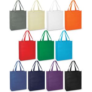 A collection of Kira A4 tote bags in various colours including grey, yellow, white, orange, red, green, blue, and purple, each with handles.