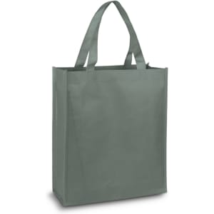 A green tote bag with two handles and a simple design, featuring a logo.