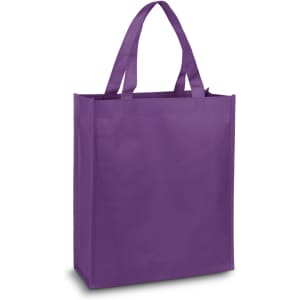 A purple tote bag with two handles and a solid design. It has a logo on one side.