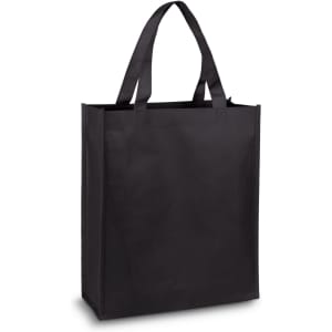 A black tote bag with two handles and a rectangular shape, featuring a logo on one side.