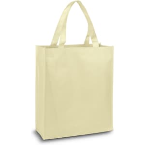 A light yellow tote bag with two handles and a simple design. It features a logo on one side.