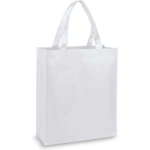 A white A4 tote bag with two handles and a plain design, featuring a logo on one side.