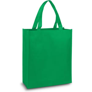 A green A4 tote bag with two handles and a simple design, featuring a logo on one side.