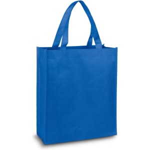 A blue tote bag with two handles and a large interior space, featuring a logo.