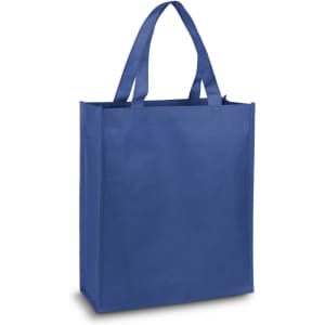 A blue tote bag with two handles, featuring a simple design and no visible logos.