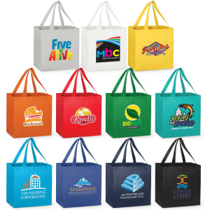 A collection of tote bags in various colours with logos, including yellow, orange, green, blue, and black.