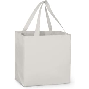 A grey tote bag with two handles and a rectangular shape, featuring a simple design and no visible branding.
