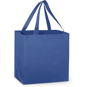 A blue tote bag with double handles and a square base. It includes a logo.