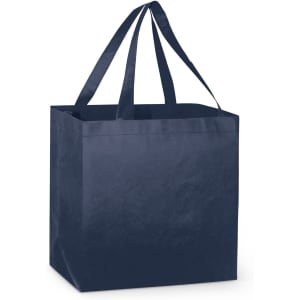 A navy tote bag with sturdy handles, featuring a square design and no visible logos or text.