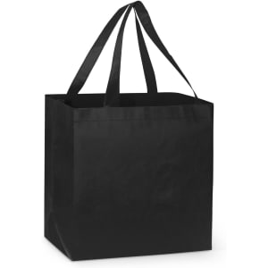 A black tote bag with sturdy handles and a simple design. It features a branding logo on one side.