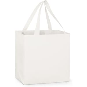 A white tote bag with long handles and a square shape, featuring an attached logo.