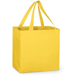 A yellow tote bag with two sturdy handles and a square base. It has a simple design and features a logo.