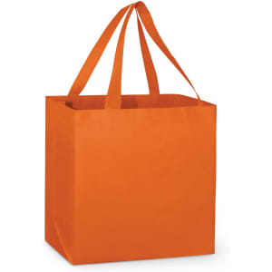 An orange tote bag with two sturdy handles, featuring a simple, spacious design.