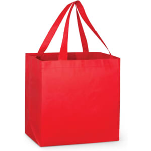 A red tote bag with two handles and a simple design, featuring a logo on one side.