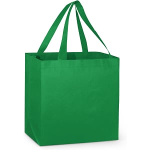 A green tote bag with two sturdy handles and a square shape, featuring a simple design and no visible logos.