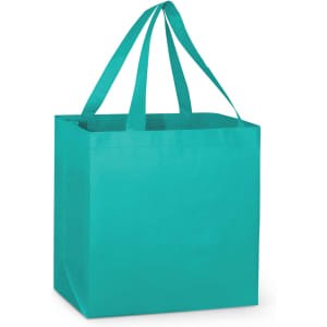 A turquoise tote bag with two sturdy handles and a rectangular shape. Suitable for carrying various items.