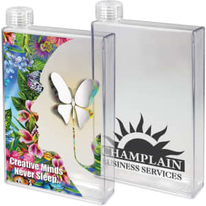 A drink bottle in a clear design, featuring a butterfly graphic and vibrant floral patterns, with logo branding on one side.