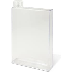 A drink bottle in a rectangular, transparent design with a removable cap. It features a logo on the side.