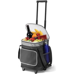 A grey cooler trolley with wheels filled with fruits, snacks, a bottle of wine, and a drink bottle. It has a front pocket.