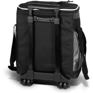 A black cooler trolley with wheels, featuring a zipped top and detachable straps on the sides.