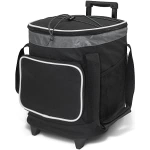 A black cooler trolley with a grey trim, featuring a retractable handle and side pockets.