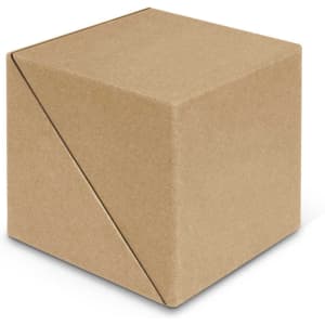 A brown kraft paper cube with a triangular design, featuring a minimalist look, and includes a logo.