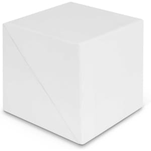 A plain white cube with a smooth surface, featuring a diagonal folded design on one side.