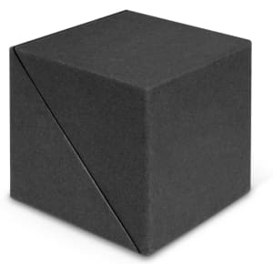 A dark grey cube made of felt, featuring a diagonal seam on one side. It has a minimalist design and a logo.